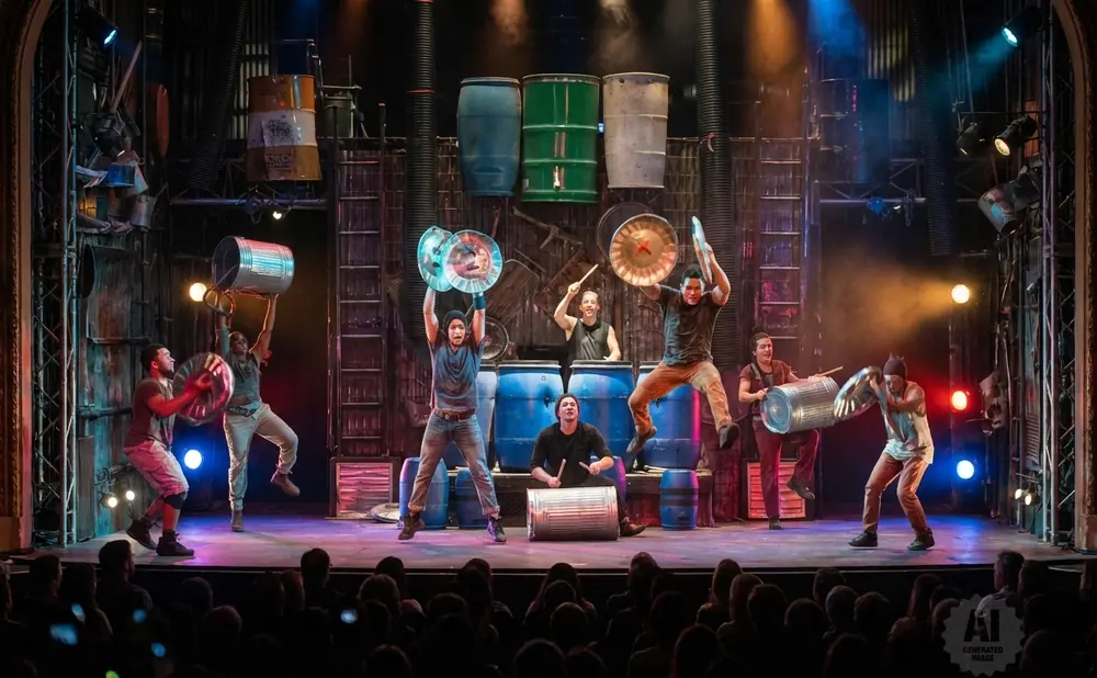 Performers on stage with buckets and brooms, some hitting metal drums.