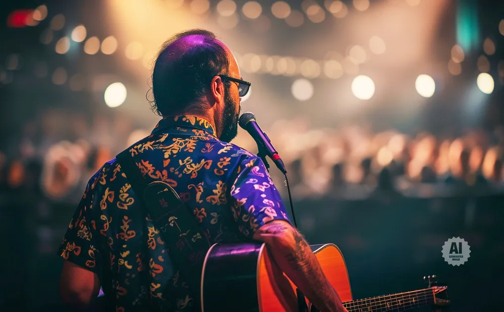 A man in a patterned shirt plays guitar and sings into a microphone on stage, with blurred lights and a crowd in the background.