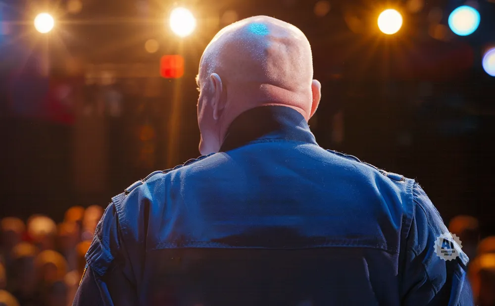 Back of a bald man in a dark blue uniform, facing away from the camera, with stage lights behind him.