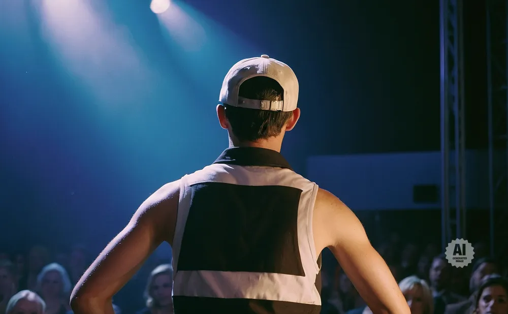 Man wearing a baseball cap and a black and white vest on stage with blue lighting.