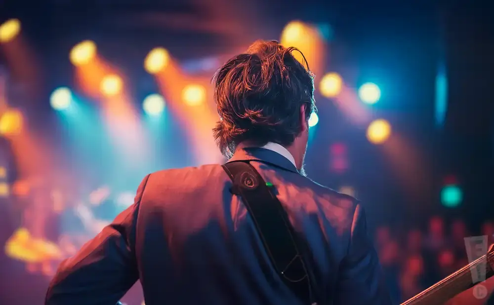 Guitarist on stage with colorful lights and blurred audience in the background.
