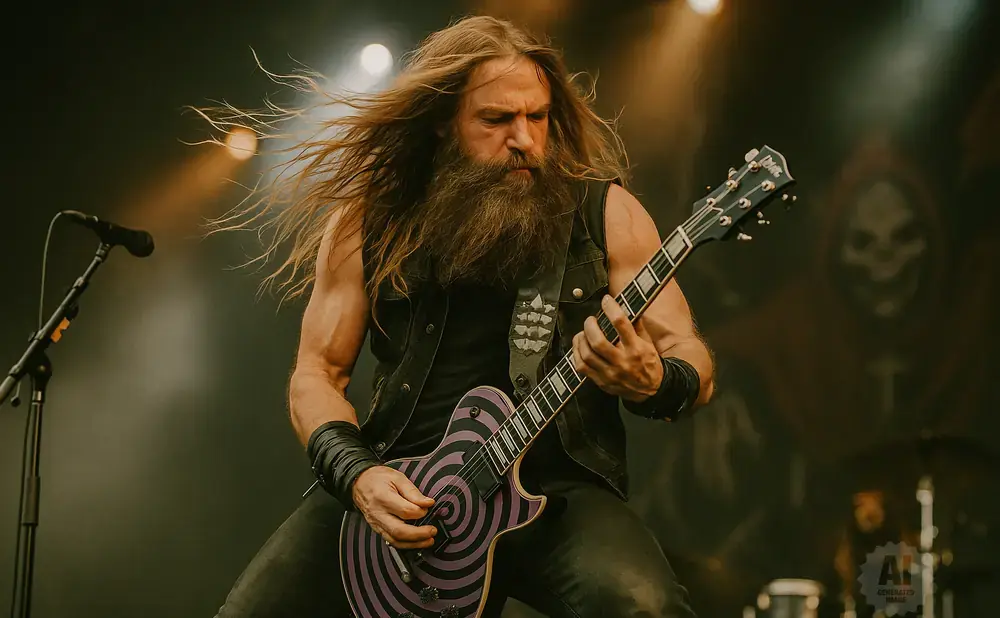 A long-haired, bearded guitarist with a skull-themed guitar plays on stage.