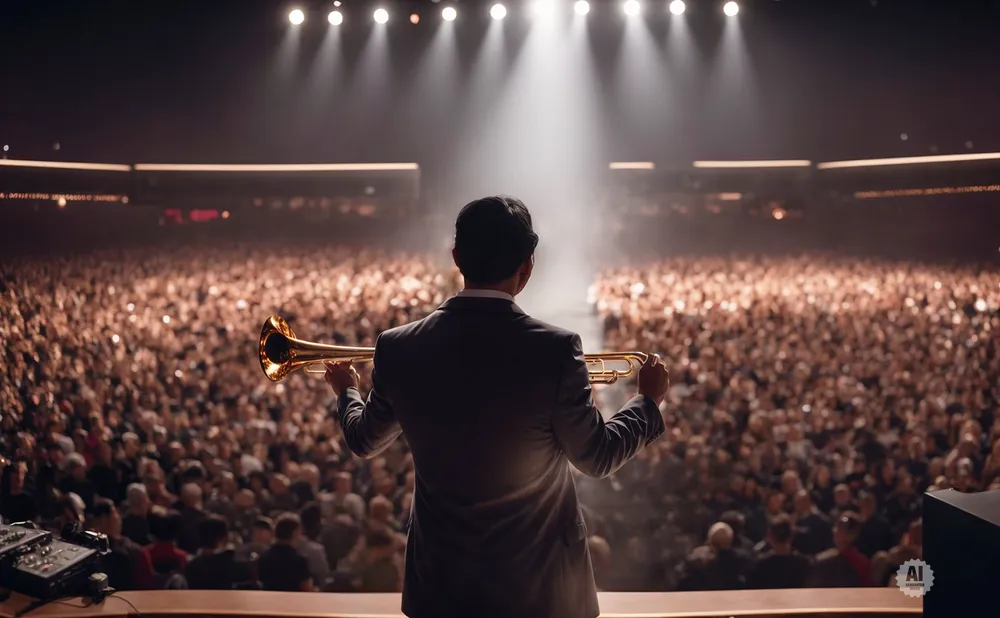 Musician in a suit plays a trumpet on stage before a large, illuminated audience.