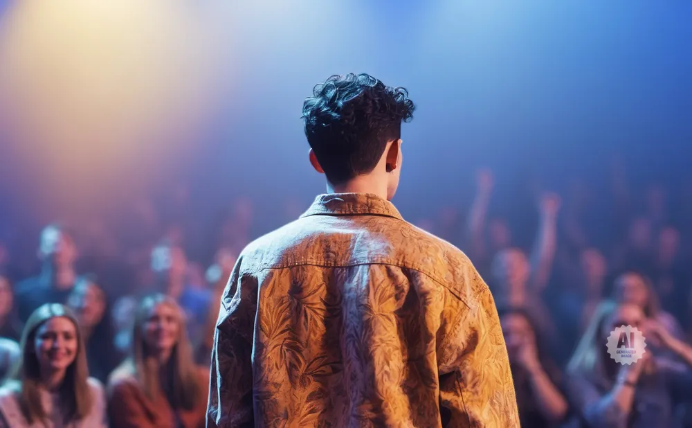 Man with curly hair in a patterned shirt faces a blurry, cheering crowd under blue and yellow stage lights.