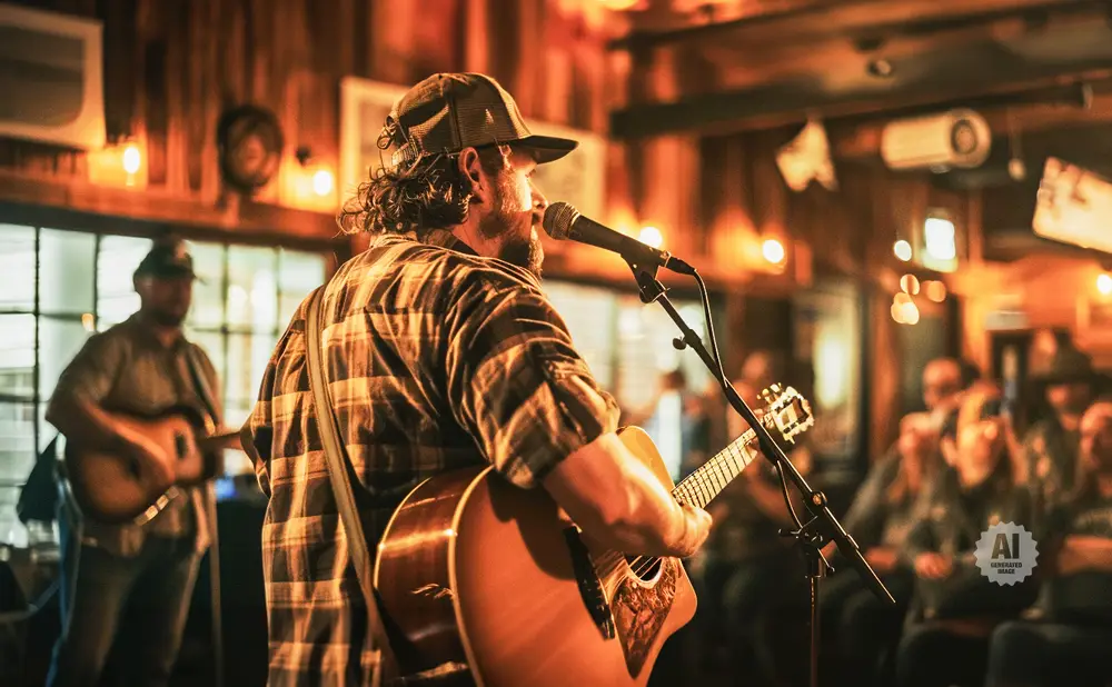 A musician with a guitar and microphone plays to an audience in a dimly lit venue.
