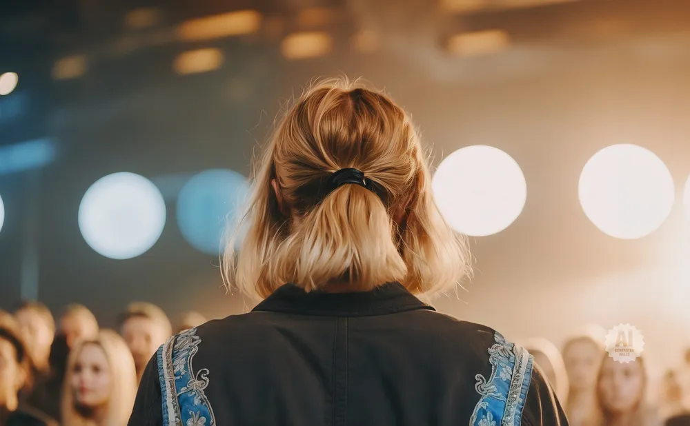 Back view of a person with blonde hair in a ponytail, facing a blurred crowd and bright lights.