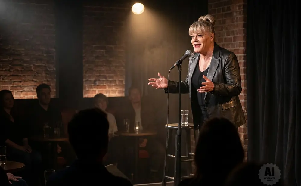 A comedian performs for a seated audience in a dimly lit brick room, illuminated by a spotlight.