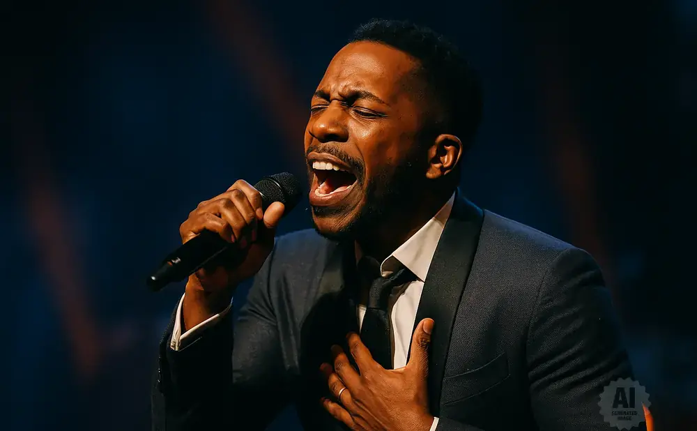 A Black man in a suit sings passionately into a microphone with his eyes closed and one hand on his chest.