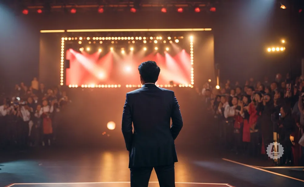 Man in a suit facing a brightly lit stage with an audience in the background.