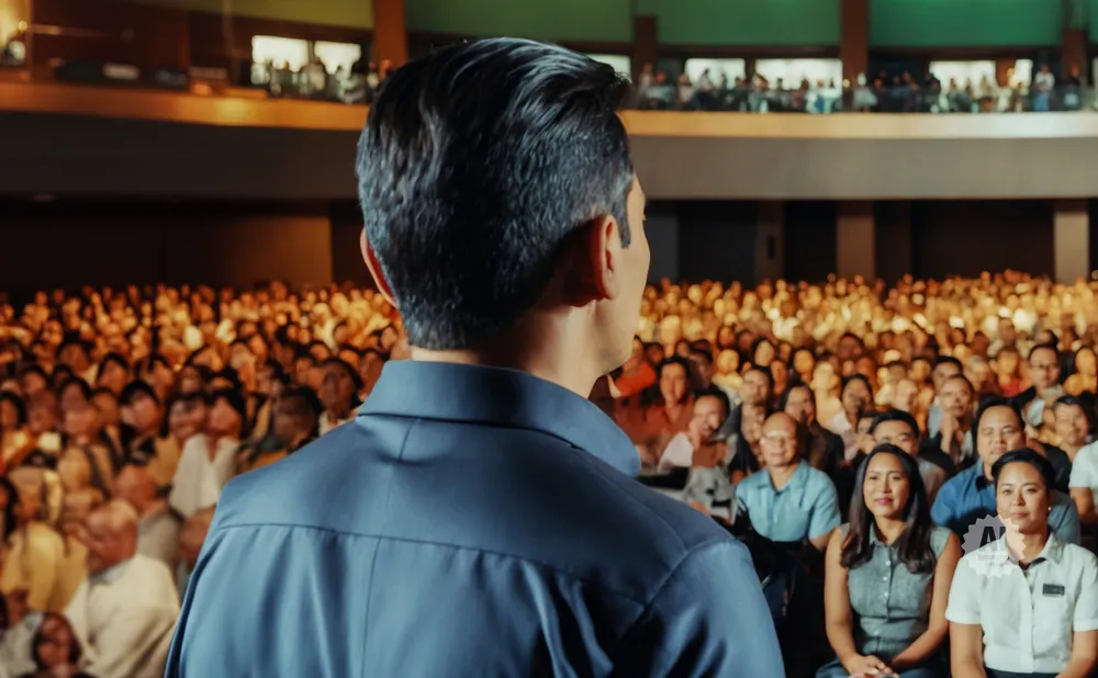 A man in a dark shirt speaks to a large, diverse audience in a theater.