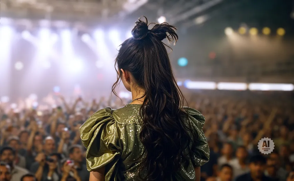 Woman with a bun hairstyle in a sparkly gold dress on stage facing a cheering crowd.