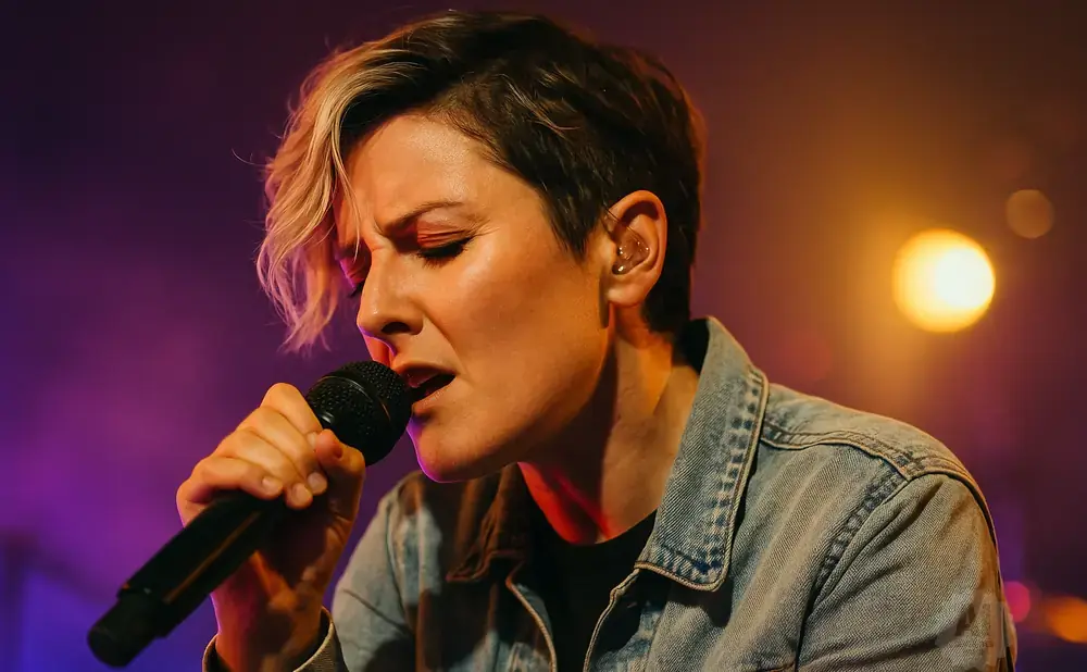 A singer with short blonde and brown hair, wearing a denim jacket, sings into a microphone on a dimly lit stage with purple and orange lights.