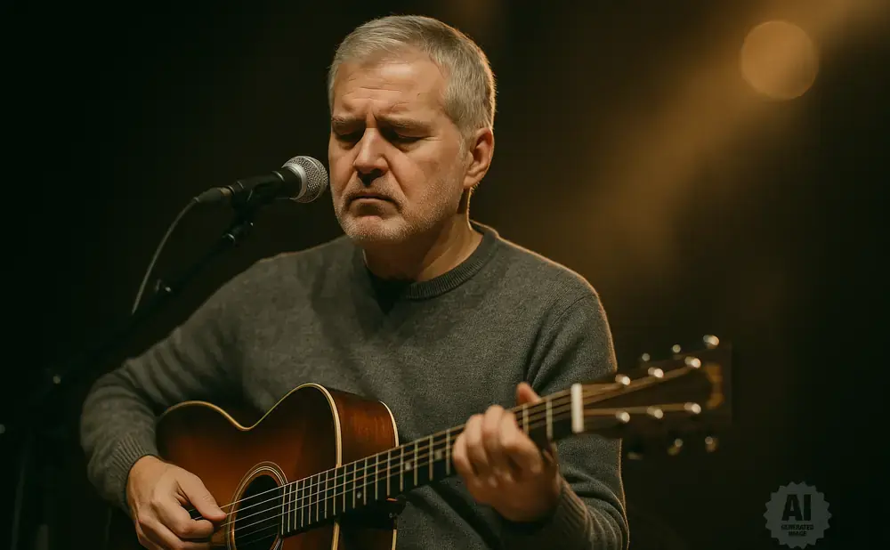 A man with grey hair plays an acoustic guitar into a microphone, bathed in warm stage lighting.