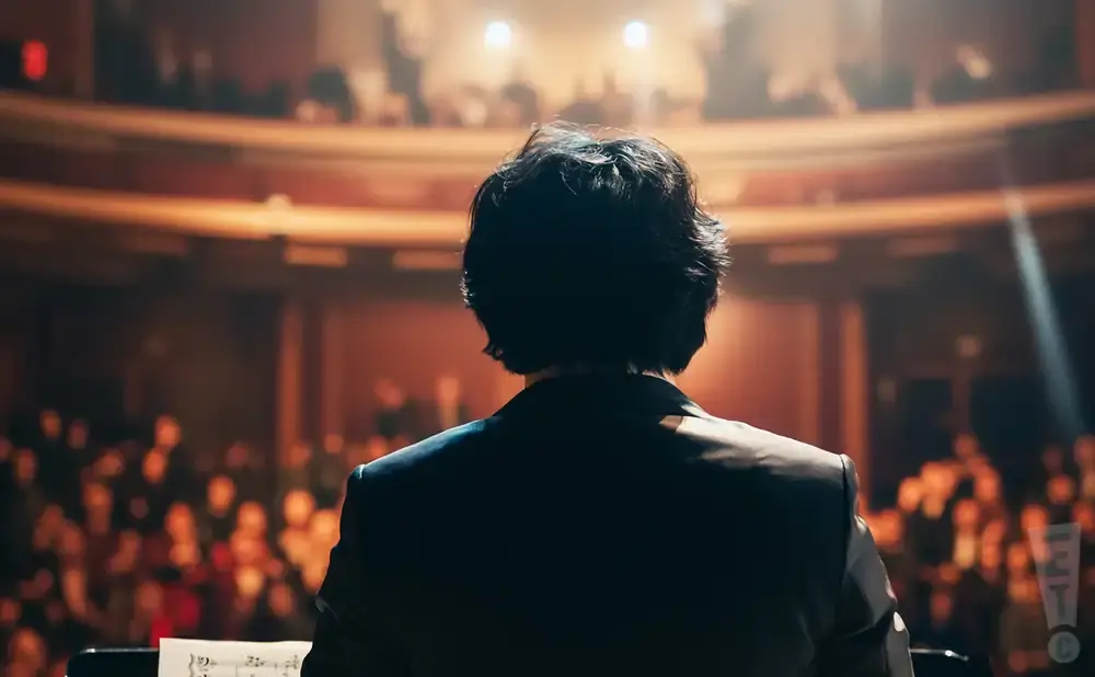 Back of a person in a suit on stage facing a blurred audience in a theater.