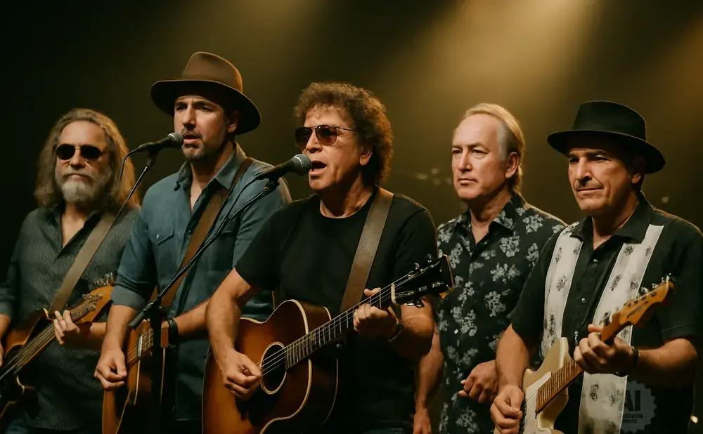 Five musicians on stage, some playing guitars and singing, bathed in warm stage lighting.