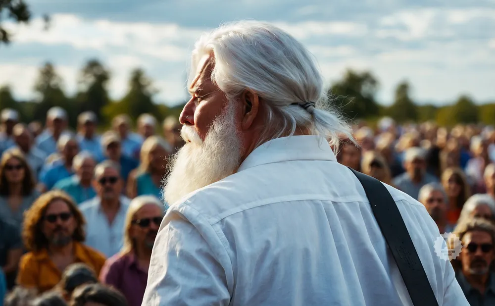 An older man with a long white beard and ponytail wears a white shirt and plays guitar for a large outdoor crowd.