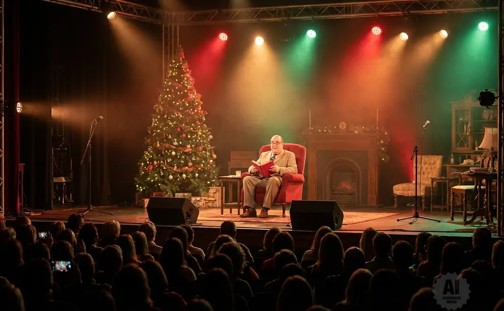 A man reads a book while sitting in a red armchair on a stage next to a decorated Christmas tree, with colored spotlights overhead.