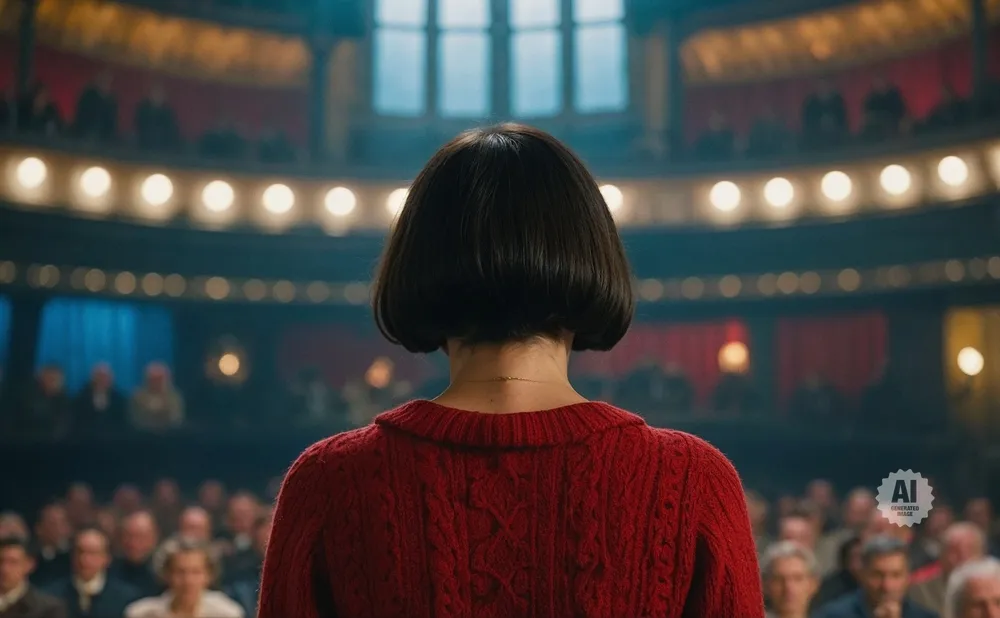 Woman with bob haircut in red sweater facing away from camera in an auditorium.