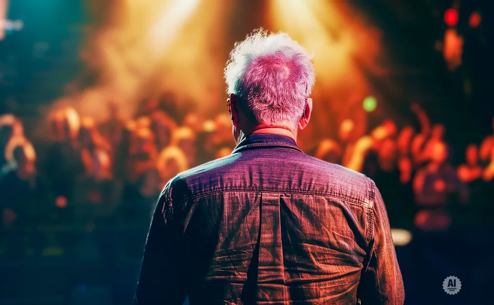 Man with white hair in a denim shirt faces a cheering crowd at a concert.