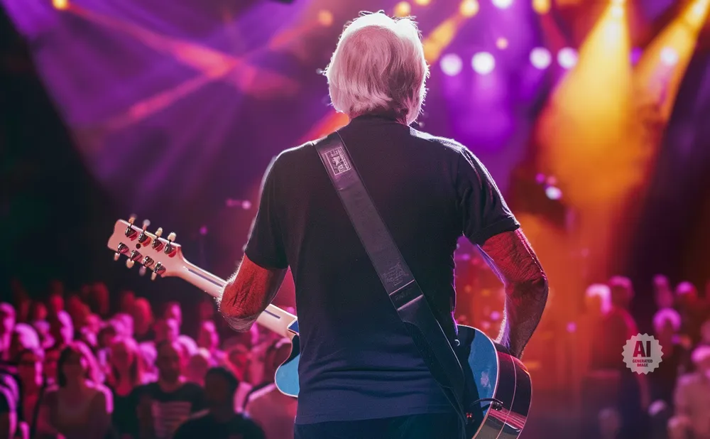 Musician with white hair playing guitar on stage with colorful lights and an audience.