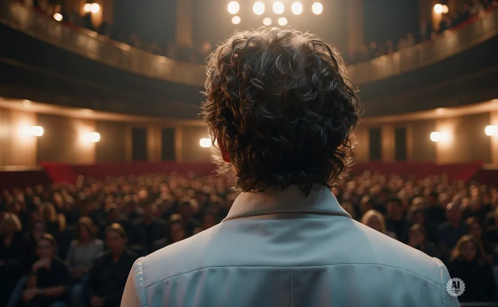 A person with curly hair stands facing away from the camera, addressing a large audience in a theater.