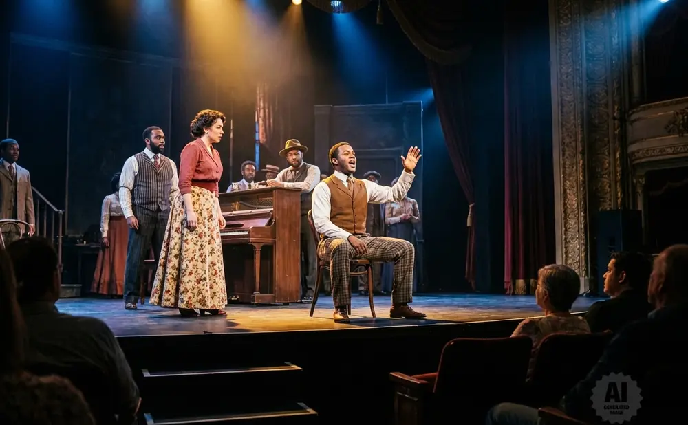 A Black man sings at a piano on stage with other performers.