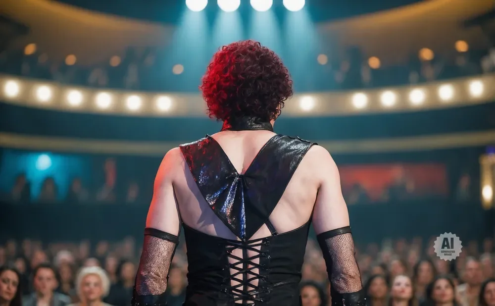 Performer in a sparkly outfit with curly hair on stage facing away from the camera.