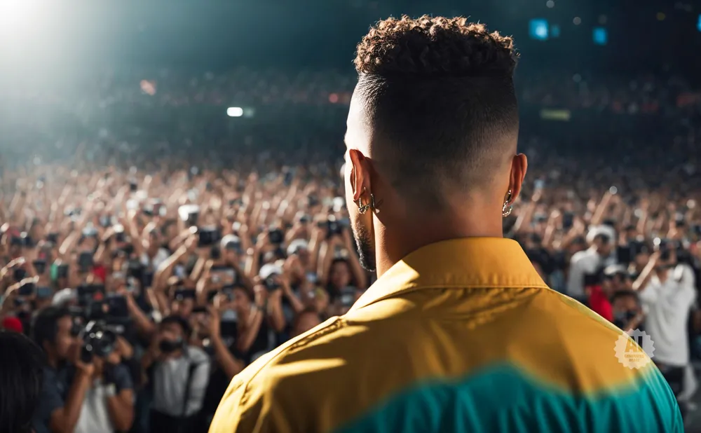 Man with curly hair facing a large crowd, holding a camera.