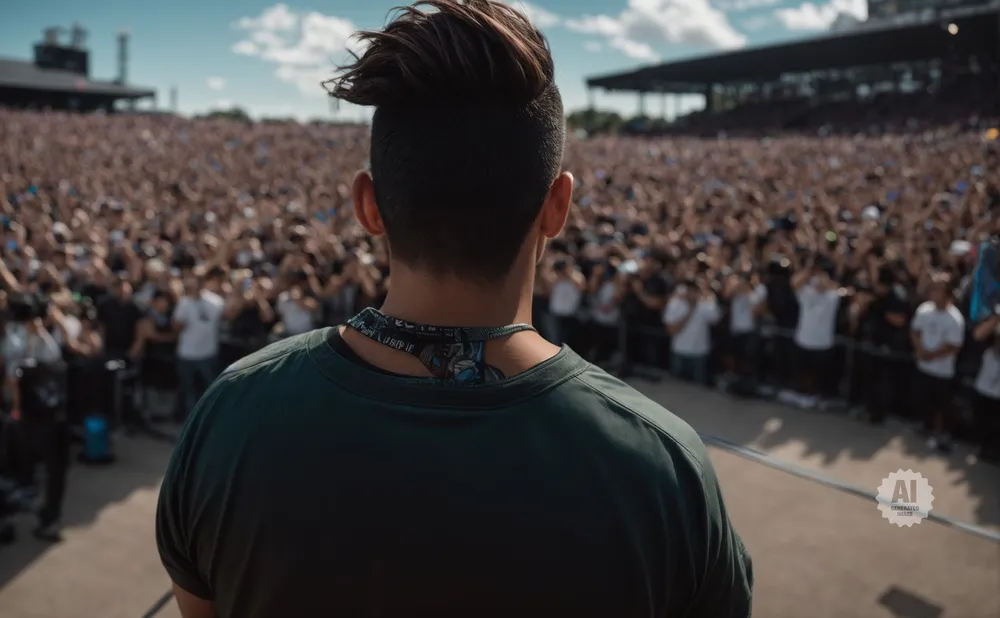Man with mohawk on stage faces a large, cheering crowd at an outdoor concert.