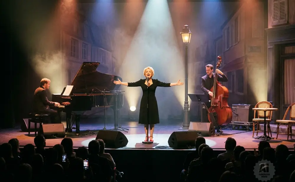 A female singer on stage with a piano and a double bass player, performing for an audience.