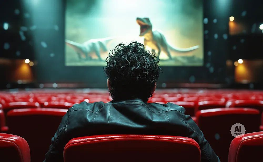 Person in a black leather jacket watches a movie about dinosaurs on a large screen in a red-seated theater.