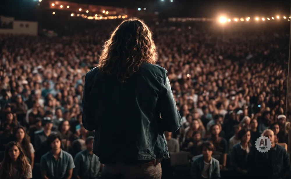 A person with long hair faces a large, blurred audience in a dimly lit venue with string lights overhead.