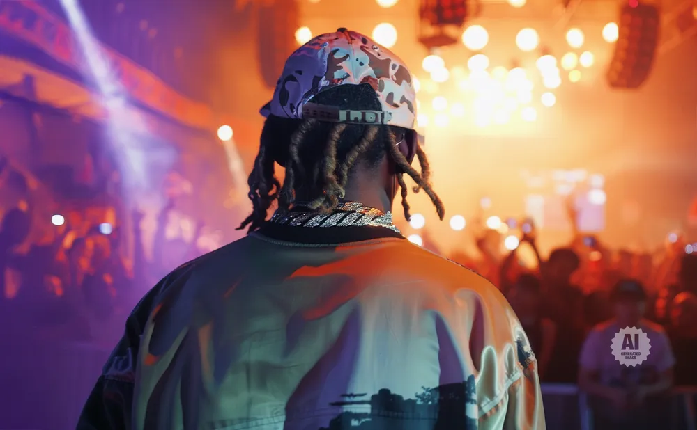 Back view of a person with dreadlocks wearing a camouflage hat and jeweled necklace at a concert.