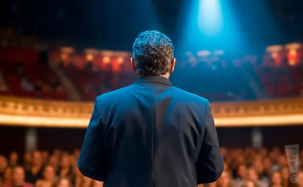A man in a suit stands facing away from the camera on a stage, bathed in a blue spotlight, before a blurry audience.