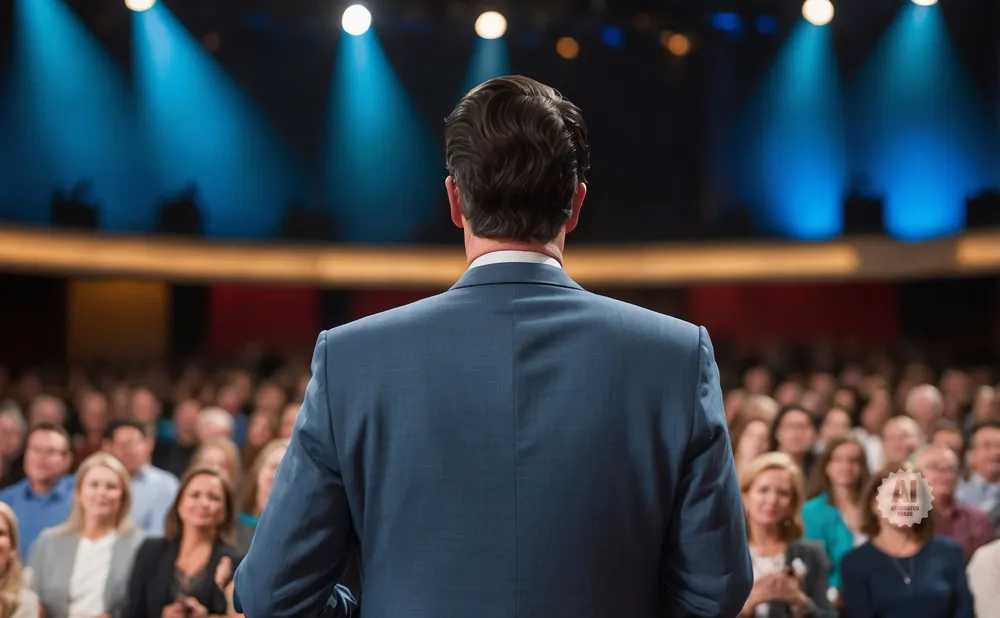Man in blue suit speaks to an audience with blue stage lights behind him.