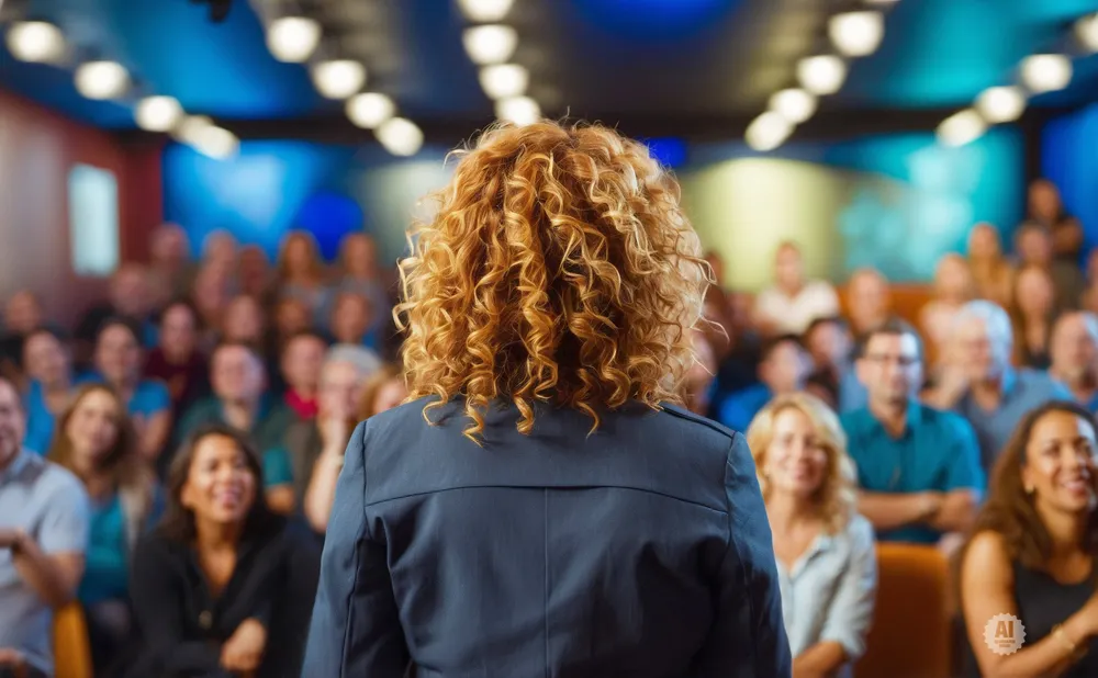 A speaker with curly blonde hair addresses a seated audience in a conference room.