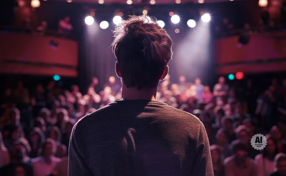 A person faces away from the camera, addressing a crowded audience in a dimly lit venue with stage lights.