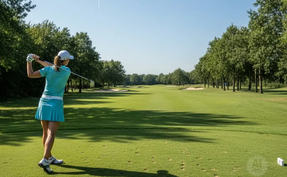 Golfer in a teal outfit swings a club on a sunny golf course with tree-lined fairways.