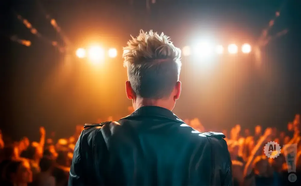 A performer with spiky blond hair faces a cheering crowd under bright stage lights.