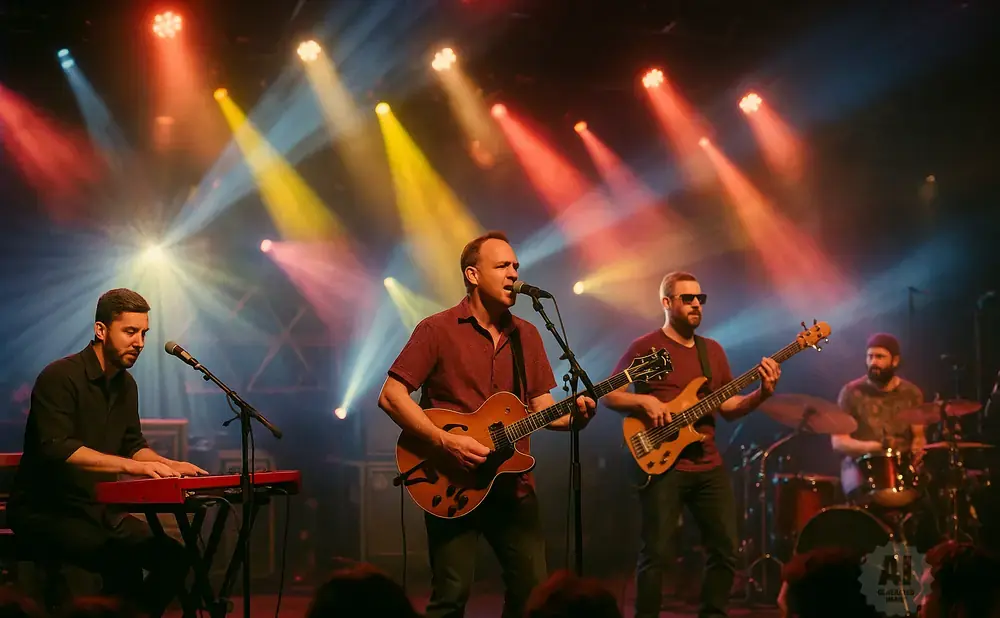 A band performs live on stage with colorful stage lights and a drum set.