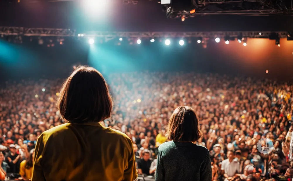 Two people on stage face a large, blurred audience at a concert.