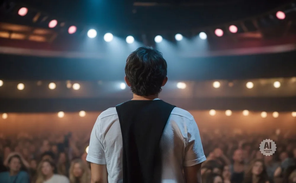 Back view of a person in a white shirt and black vest on stage, facing a blurry audience and bright stage lights.