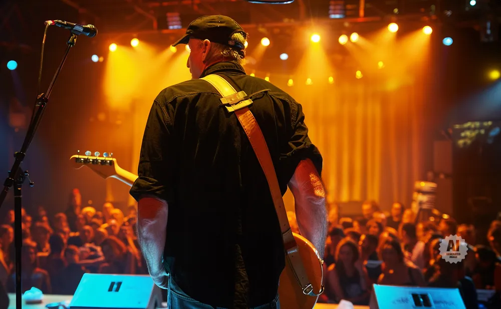 Guitarist on stage with audience in background, illuminated by warm lights.