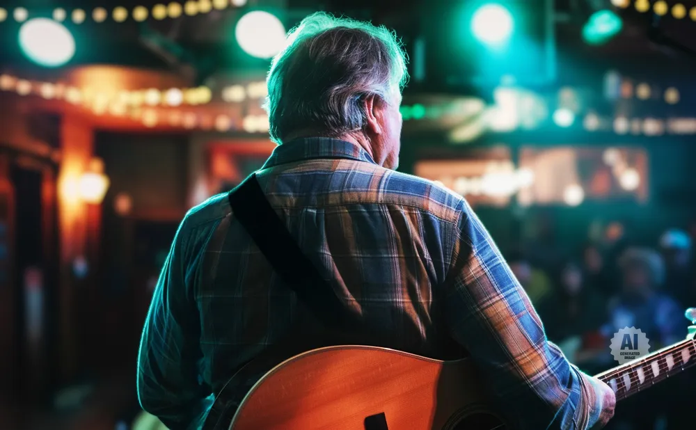 Man playing guitar on stage, lit by blue and yellow lights.