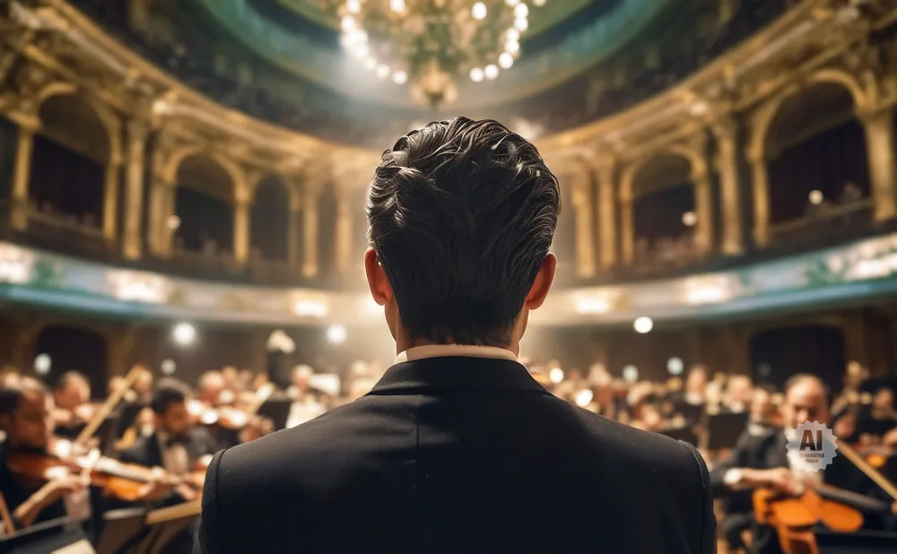 Conductor in a black suit facing an orchestra performing in a grand concert hall.