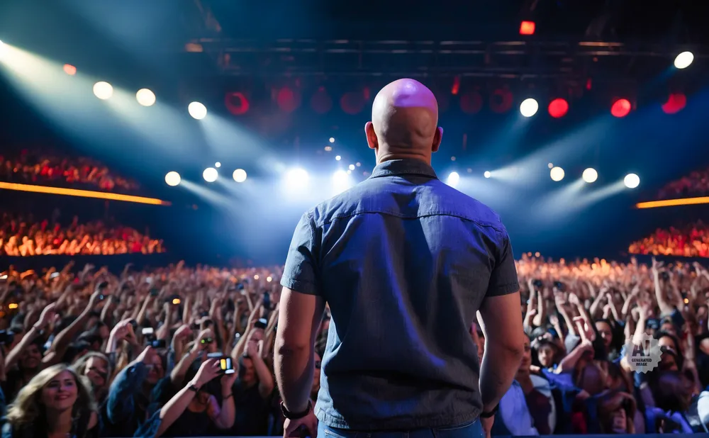 A bald man in a blue shirt faces a cheering crowd at a concert.