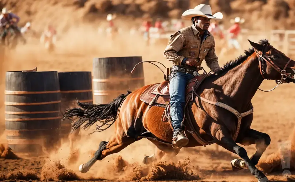 A Black cowboy in a white hat races a horse around barrels kicking up dust at a rodeo.
