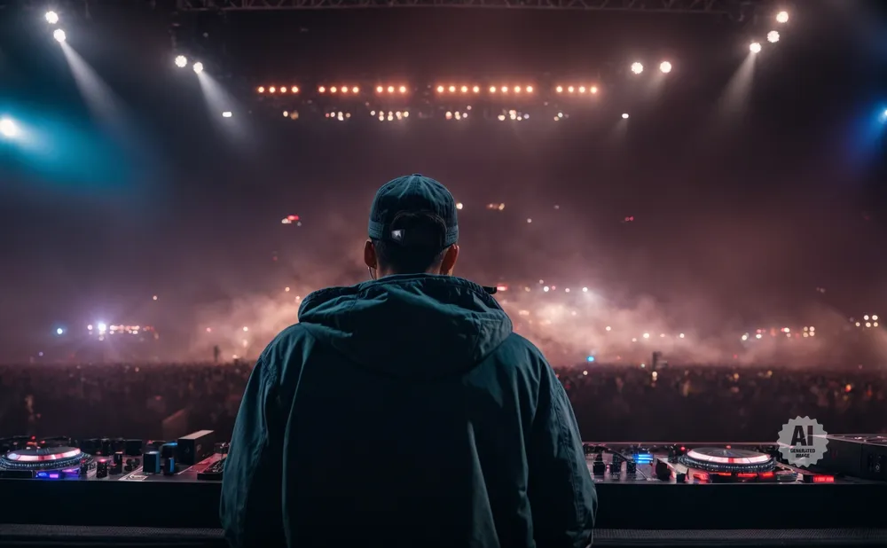 DJ in a hooded jacket facing a large, foggy crowd at a concert.