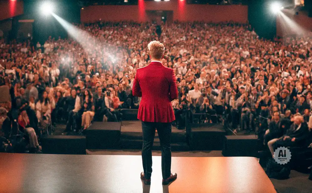 Man in red jacket on stage facing a large audience.