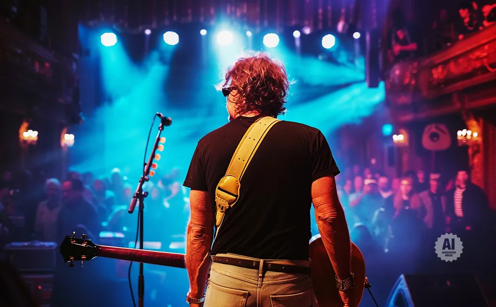 A guitarist seen from behind, on stage with blue stage lights and a crowd.